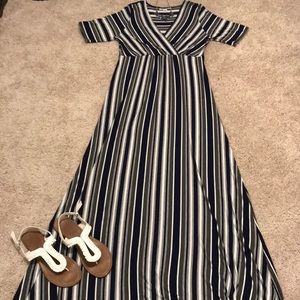 Navy Gray & White Maternity Maxi Dress
